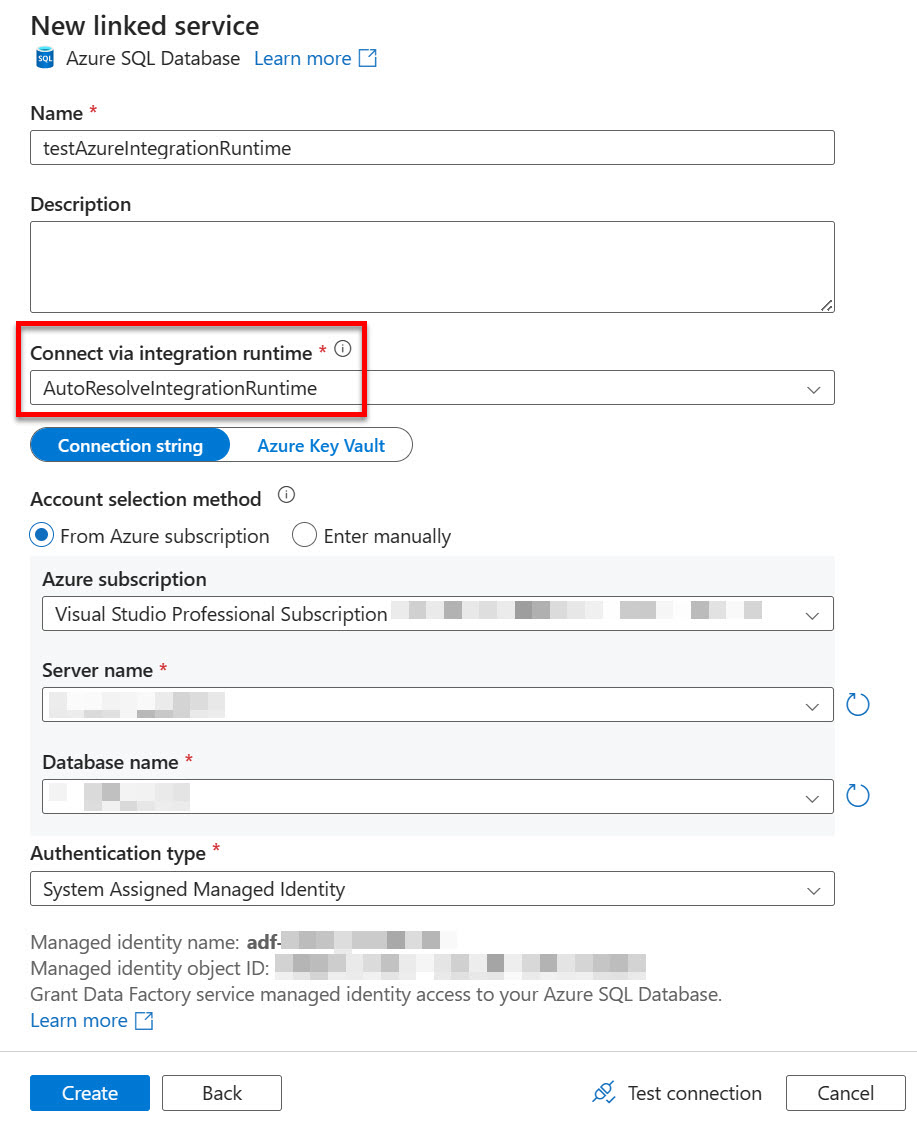 A new Linked Service for Azure SQL Database in Azure Data Factory that connects using the auto-resolved Integration Runtime (i.e. the Azure Integration Runtime). 