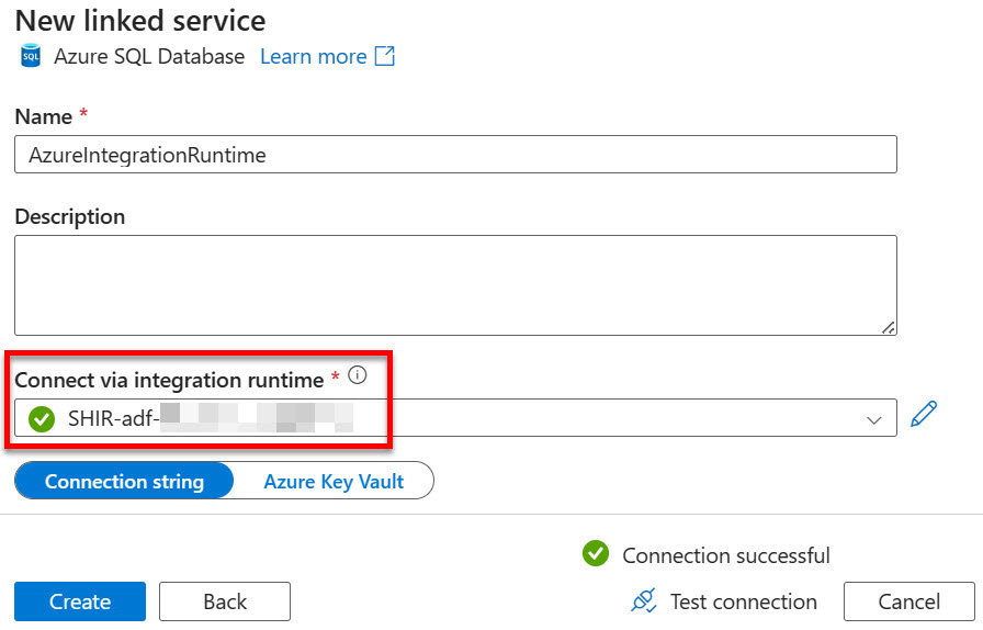 The Linked Service for Azure SQL Database that connects using the Self Hosted Integration Runtime. The connection test is successful.