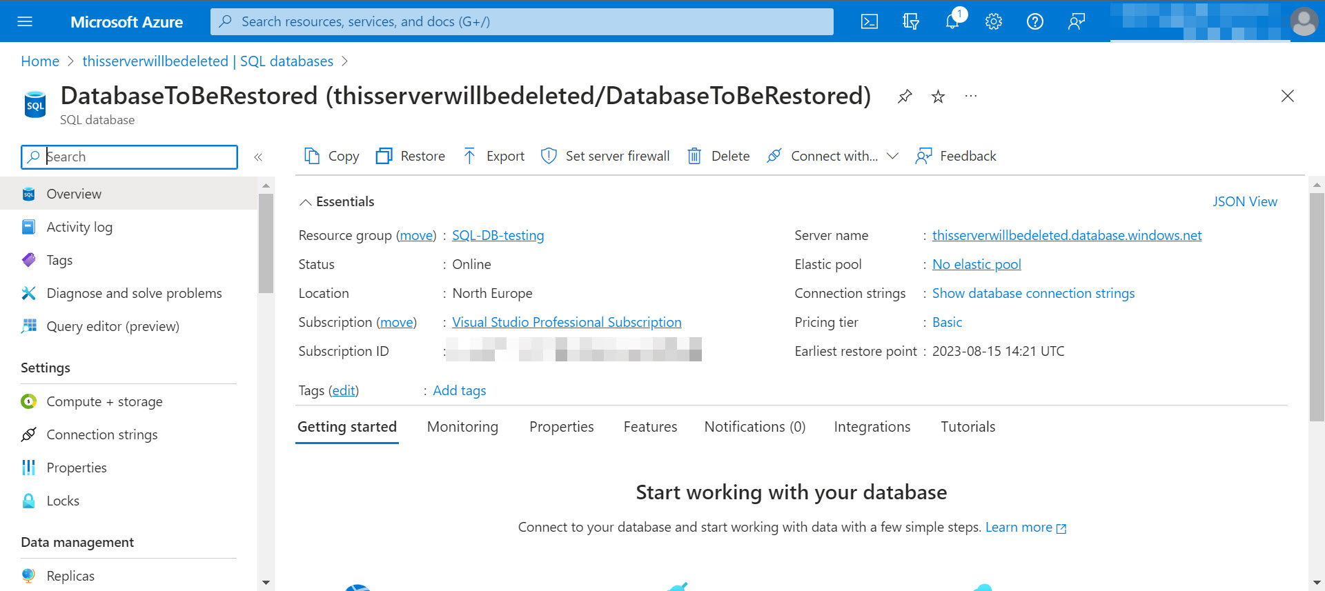 The Azure Portal showing an Azure SQL Database named DatabaseToBeRestored attached to a SQL Server named thisserverwillbedeleted.