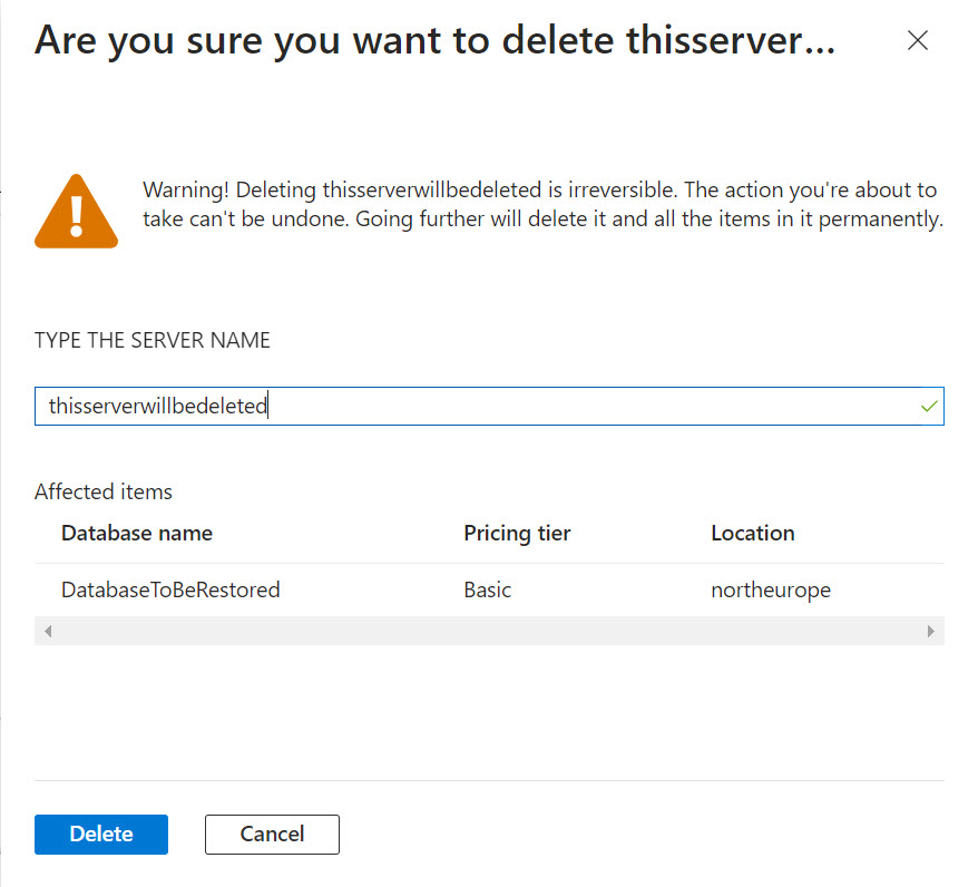 The Azure Portal showing the deletion warning for the SQL Server.