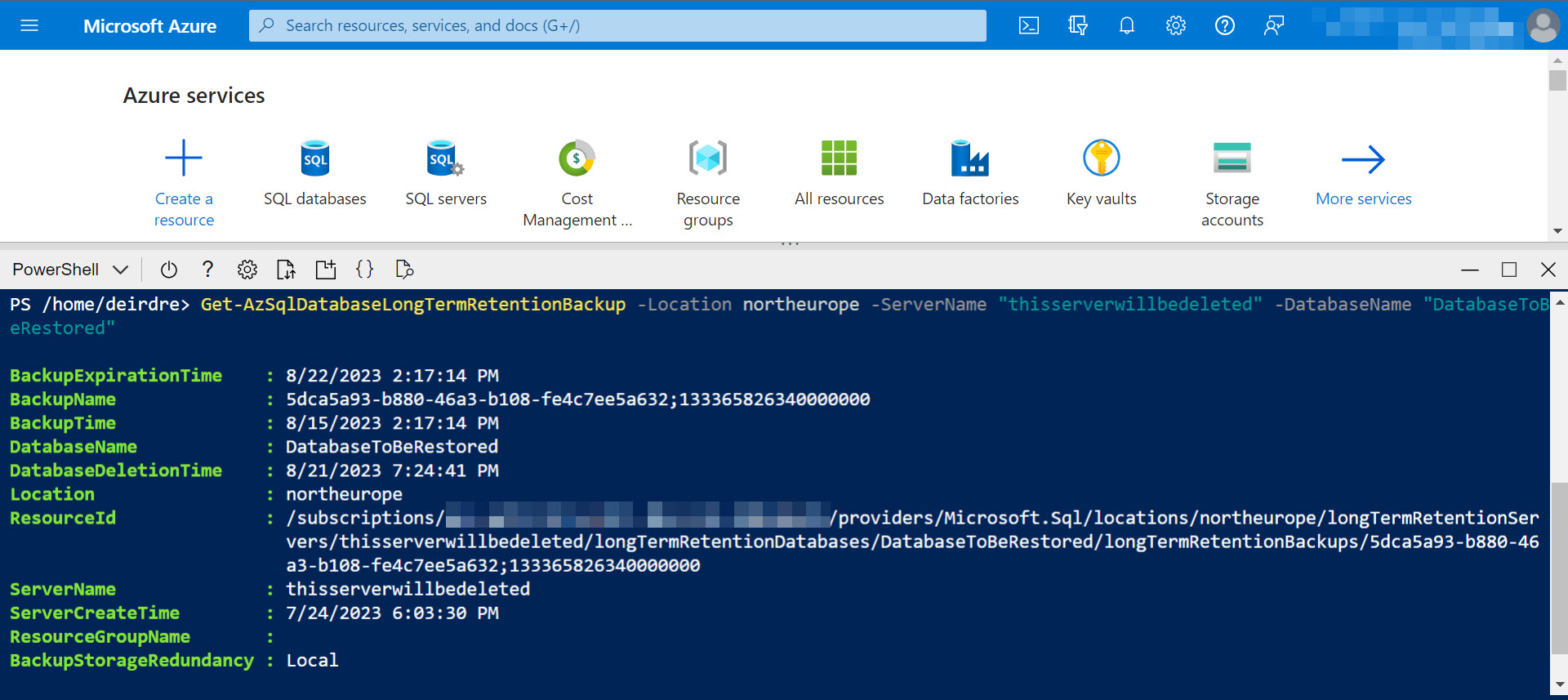 The Cloud Shell in the Azure Portal with the results of having run Get-AzSqlDatabaseLongTermRetentionBackup.