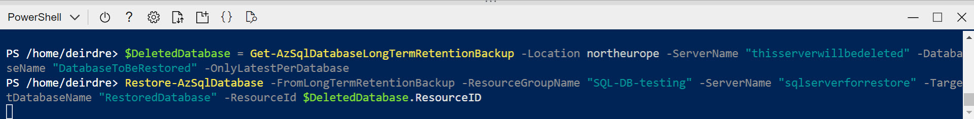 The Cloud Shell showing the Restore-AzSqlDatabase command used to restore the Database.