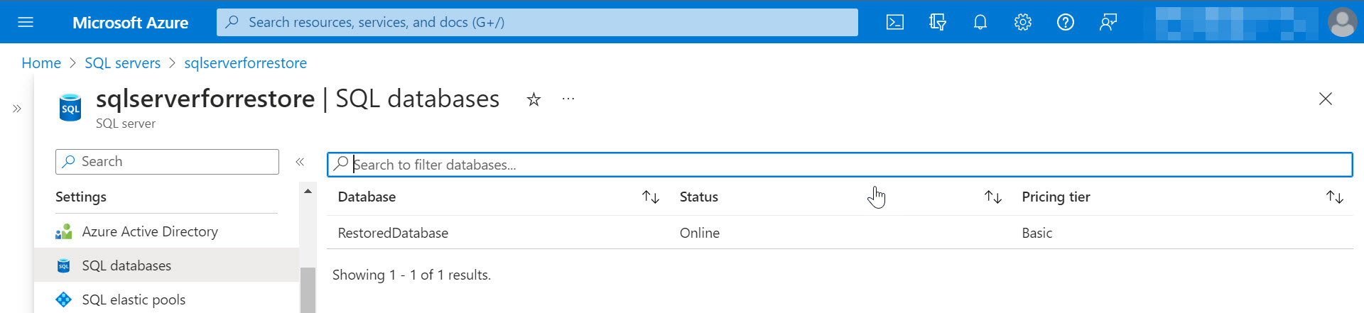 The Azure Portal showing the restored Database on the new SQL Server.