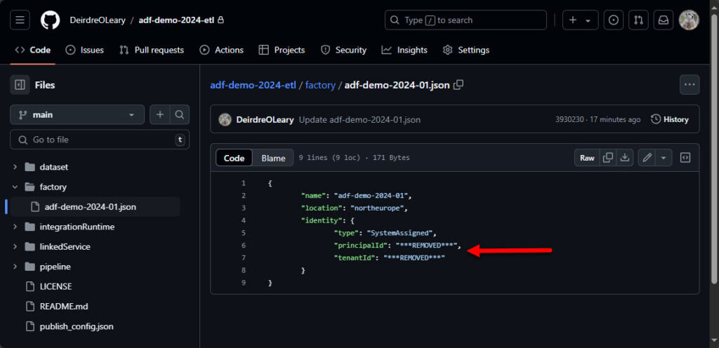 Screenshot of a Github page showing the contents of the .json file in the factory folder with the GUIDs replaced.