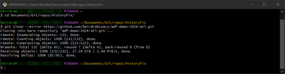 Screenshot of git Bash showing the output of the git clone command.