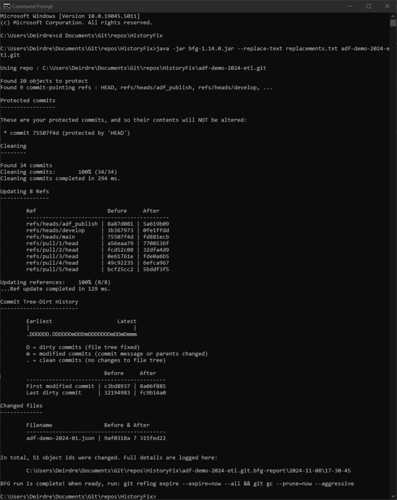 Screenshot of Command Prompt showing the output of the BFG replace command.