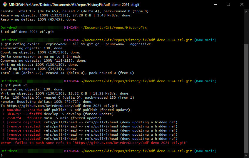 Screenshot of git Bash showing the output of the garbage collection and push commands.